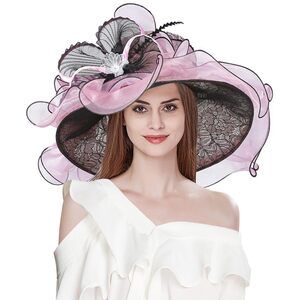 Women's Organza Fascinator Church Derby Hat Floral Lace Wide Brim Sun Hats 3139